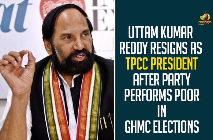 Uttam Kumar Reddy Resigns As TPCC President After Party Performs Poor In GHMC Elections,Telangana PCC Chief Uttam Kumar Resigns,TPCC President,PCC Chief,Uttam Kumar,Uttam Kumar Reddy Resigns,Uttam Kumar Reddy Latest News,Uttam Kumar Reddy,Mango News,Uttam Kumar Reddy Resigns As Chief Of Telangana Congress,Telangana Congress Chief Uttam Kumar Reddy Resigns,GHMC Elections Results,Telangana Congress Chief,Uttam Kumar Reddy,TPCC,Telangana Congress Committee,Congress Party,TPCC President,Uttam Kumar Resigns From TPCC President Post