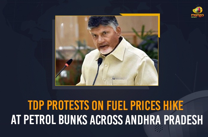 BJP slams government for not reducing VAT on fuel, fuel price hike, Fuel Prices Today, Fuel Retailers, Hyderabad, Latest Breaking News 2021, Mango News, Minister Perni Nani slams Chandrababu’s double standards, Naidu demands CM Jagan to reduce fuel prices, TDP protests across Andhra Pradesh, TDP Protests On Fuel Prices Hike At Petrol, TDP Protests On Fuel Prices Hike At Petrol Bunks, TDP Protests On Fuel Prices Hike At Petrol Bunks Across Andhra Pradesh, TDP to stage protest against fuel price hike in Andhra