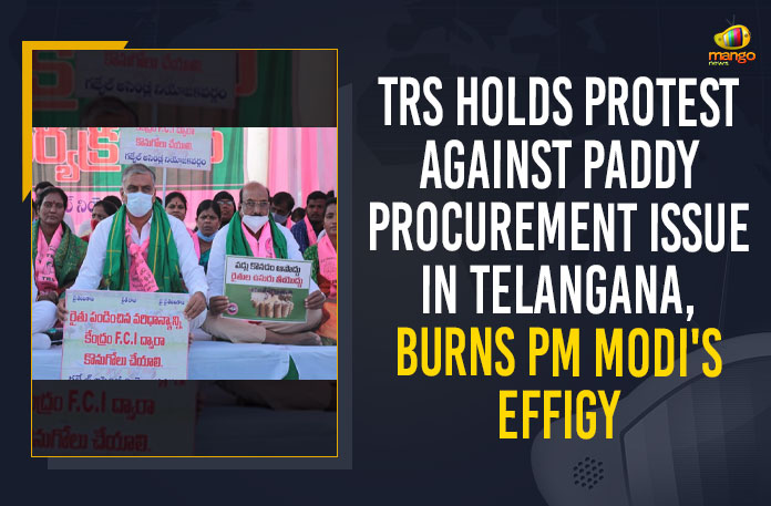 TRS Holds Protest Against Paddy Procurement Issue In Telangana, Burns PM Modi’s Effigy