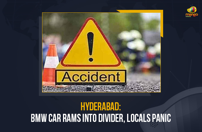 Hyderabad BMW Car Rams Into Divider Locals Panic, BMW Car Rams Into Divider Locals Panic, BMW Car Rams Into Divider, Hyderabad BMW Car Rams Into Divider, BMW Car, BMW Car speeding car rammed into a divider, divider, Telangana, Telangana Latest News, Telangana Latest Updates, another case of accident due to rash driving, rash driving, BMW Car Rams Into Divider Due To rash driving, Mango News,