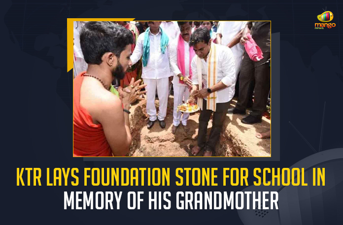 KTR Lays Foundation Stone For School In Memory Of His Grandmother, Minister KTR Lays Foundation Stone For School In Memory Of His Grandmother, Telangana Minister KTR Lays Foundation Stone For School In Memory Of His Grandmother, Memory Of His Grandmother, KTR Lays Foundation Stone For School, Minister KTR Lays Foundation Stone For School, Telangana Government has now launched Mana Ooru-Mana Badi programme, Rama Rao said newly constructed building would have 14 classrooms on two floors and would be completed in eight to nine months, newly inaugurated school building work would be completed by 2023 March, Mana Ooru-Mana Badi programme, Mana Ooru-Mana Badi programme News, Mana Ooru-Mana Badi programme Latest News, Mana Ooru-Mana Badi programme Latest Updates, Mana Ooru-Mana Badi programme Live Updates, Working President of the Telangana Rashtra Samithi, Telangana Rashtra Samithi Working President, TRS Working President KTR, Telangana Minister KTR, KT Rama Rao, Minister KTR, Minister of Municipal Administration and Urban Development of Telangana, KT Rama Rao Minister of Municipal Administration and Urban Development of Telangana, KT Rama Rao Information Technology Minister, KT Rama Rao MA&UD Minister of Telangana, Mango News,
