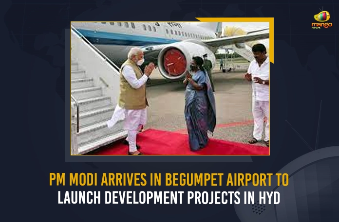 PM Modi Arrives In Begumpet Airport To Launch Development Projects In Hyd, PM Modi Addressed in Public Meeting at Begumpet Airport, PM Modi at Begumpet Airport, PM Modi Reaches Hyderabad, Development Projects In Hyd, Begumpet Airport Public Meeting, PM Modi Telangana Tour Schedule, PM Modi Telangana Tour, PM Modi at Telangana, PM Modi Telangana Visit, PM Modi in Telangana, Prime Minister Narendra Modi, Narendra Modi, Begumpet Airport, PM Narendra Modi in Telangana, PM Modi Telangana Tour News, PM Modi Telangana Tour Latest News And Updates, PM Modi Telangana Tour Live Updates, Mango News