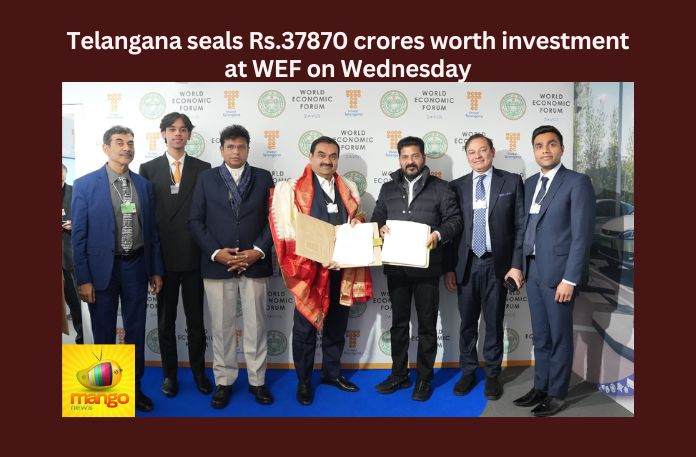 Telangana Seals Rs 37870 Crores Worth Investment at WEF on Wednesday,Telangana Seals Rs 37870 Crores,Crores Worth Investment at WEF,Investment at WEF on Wednesday,Revanth Reddy, World Economic Forum WEF, Davos, Telangana, Investments, Adani,Mango News,Telangana Seals Investment Deals,Adani signs 4 MoUs,Govt of Telangana,Telangana seals investment deals,Telangana Latest News And Updates,Telangana Politics, Telangana Political News And Updates
