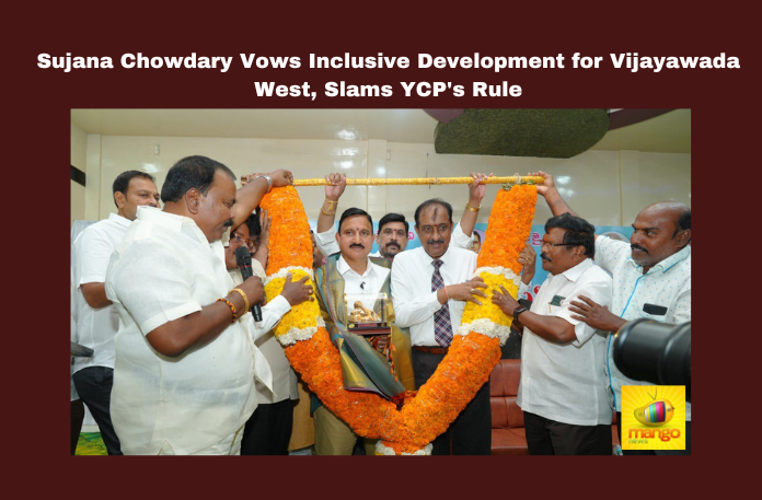 Sujana Chowdary Vows Inclusive Development for Vijayawada West Slams YCP's Rule, Sujana Chowdary Vows, Sujana Chowdary Vows Inclusive Development, Development for Vijayawada West, Slams YCP's Rule, Sujana Chowdary Slams YCP's Rule, Sujana Chowdary , BJP, Vijayawada West Constituency, YCP, Development, Inclusive Growth, Electoral Campaign, TDP, Janasena, Political Leaders, Alliance, Urmila Nagar Meeting, Andhra Pradesh, Political News, Mango News